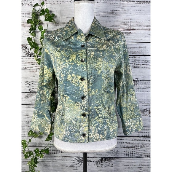 Susan Bristol Jacket size Small Gray Green Floral Beads Pockets Casual Trucker - Picture 2 of 16